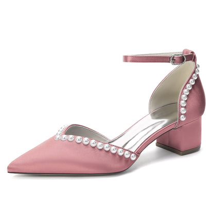Women's  Silk Satin With Pearl Ankle Strap Closed Toe Chunky Heel Evening Shoes