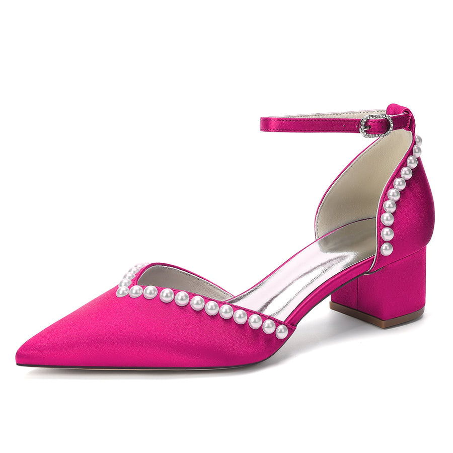 Women's  Silk Satin With Pearl Ankle Strap Closed Toe Chunky Heel Evening Shoes