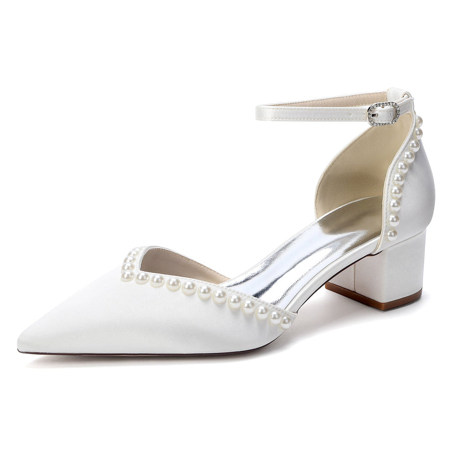 Women's  Silk Satin With Pearl Ankle Strap Closed Toe Chunky Heel Evening Shoes