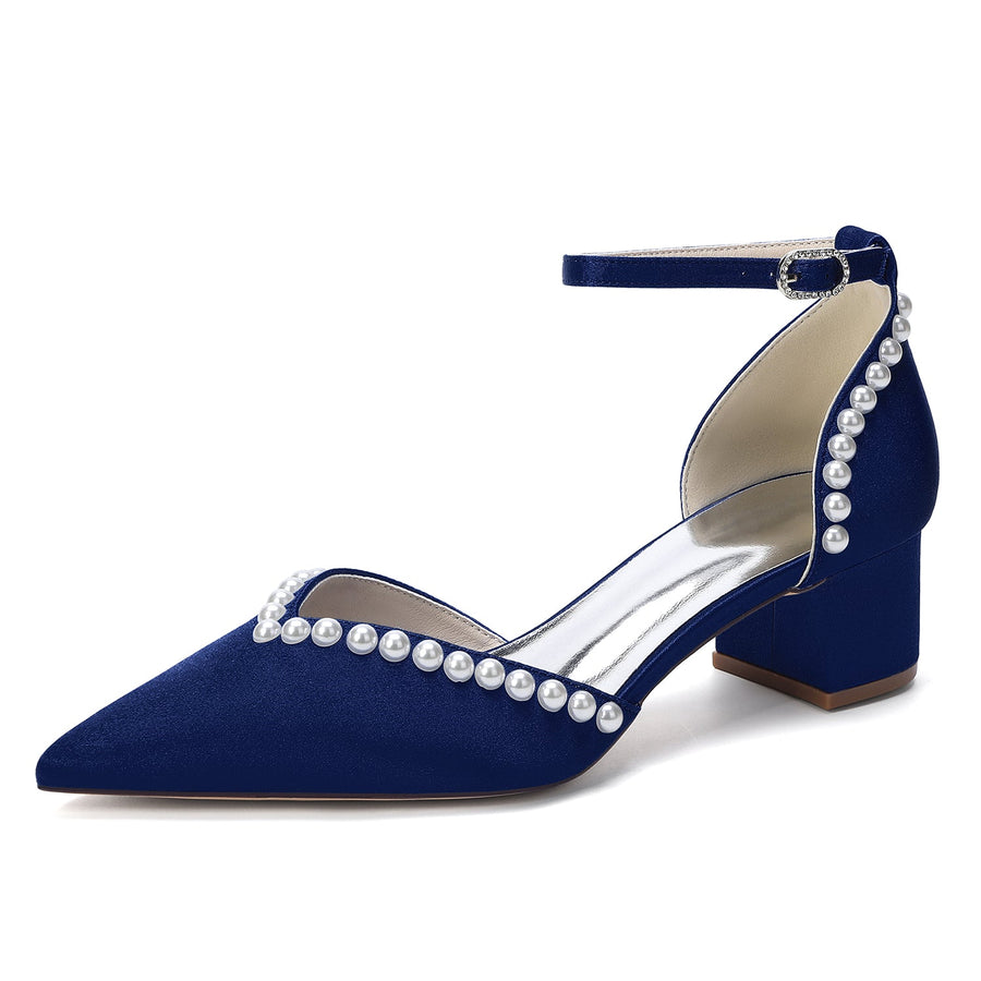Women's  Silk Satin With Pearl Ankle Strap Closed Toe Chunky Heel Evening Shoes