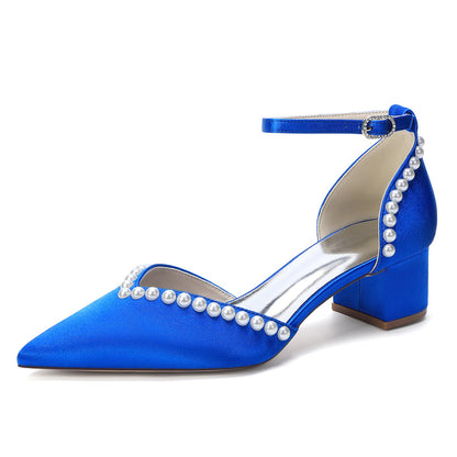 Women's  Silk Satin With Pearl Ankle Strap Closed Toe Chunky Heel Evening Shoes