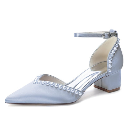 Women's  Silk Satin With Pearl Ankle Strap Closed Toe Chunky Heel Evening Shoes