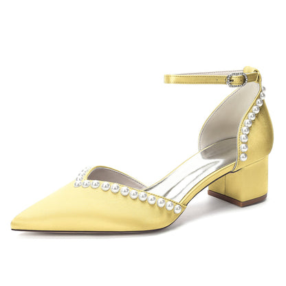 Women's  Silk Satin With Pearl Ankle Strap Closed Toe Chunky Heel Evening Shoes