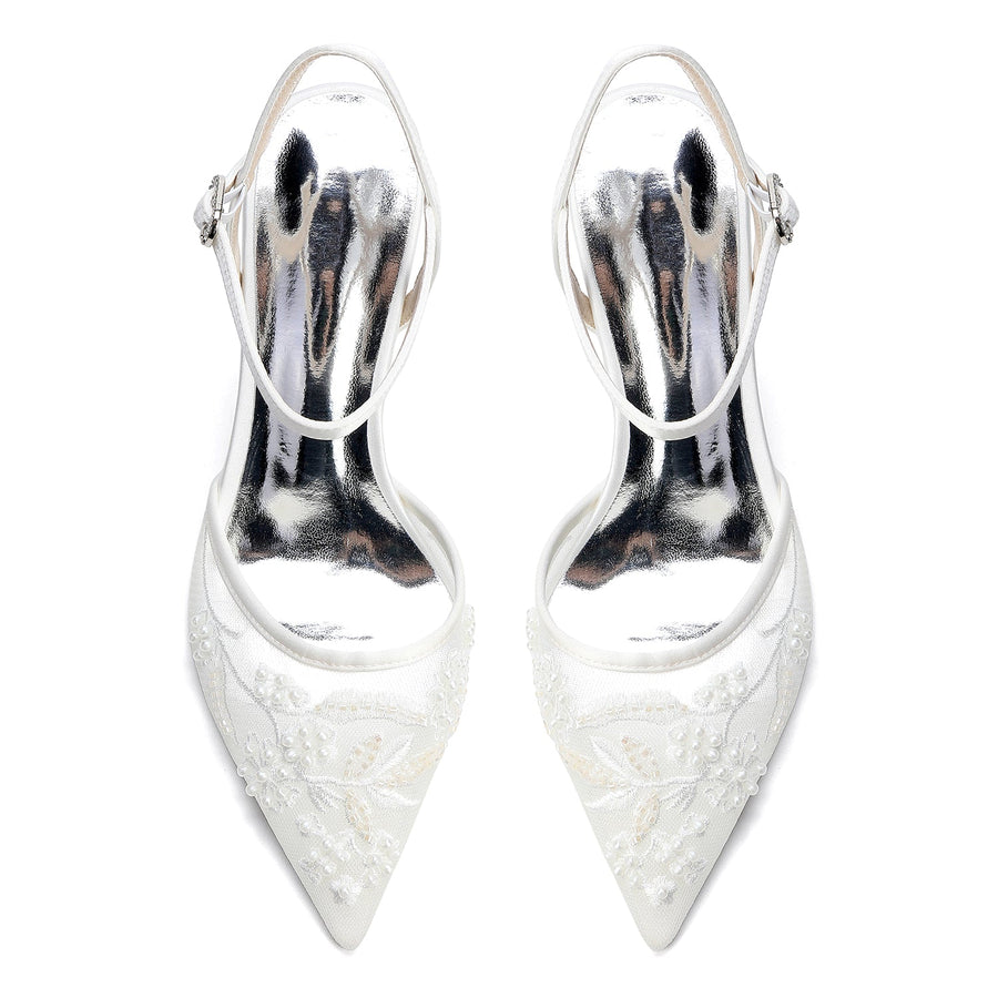 Women's Lace Silk Satin With Ankle Strap Closed Toe Chunky Heel Evening Shoes