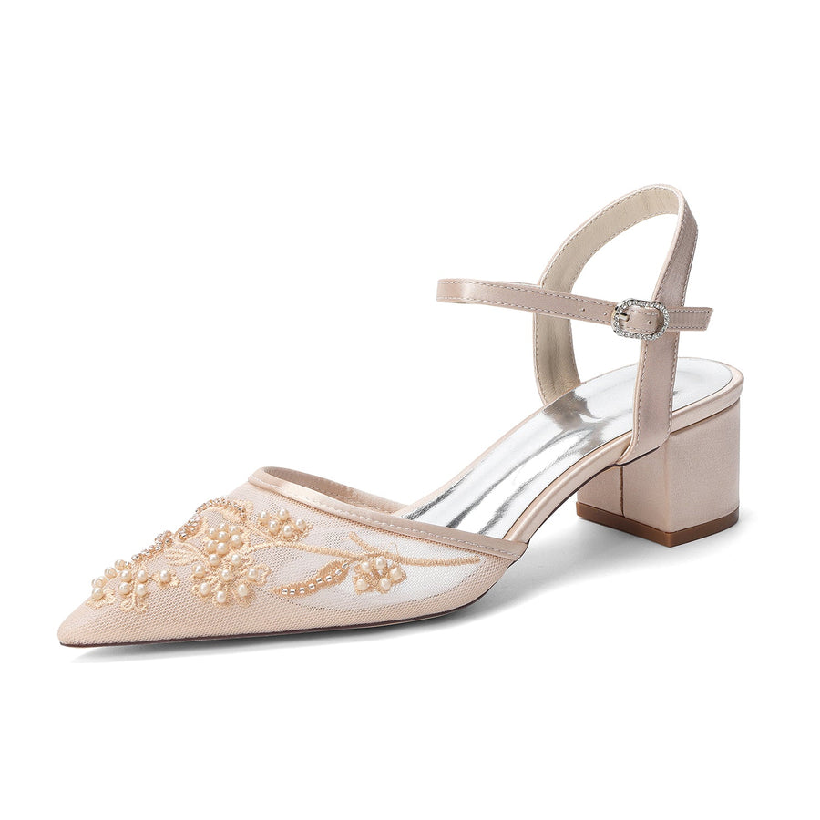 Women's Lace Silk Satin With Ankle Strap Closed Toe Chunky Heel Evening Shoes
