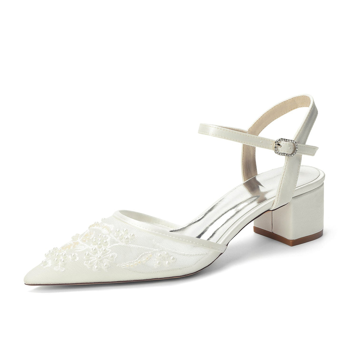 Women's Lace Silk Satin With Ankle Strap Closed Toe Chunky Heel Evening Shoes