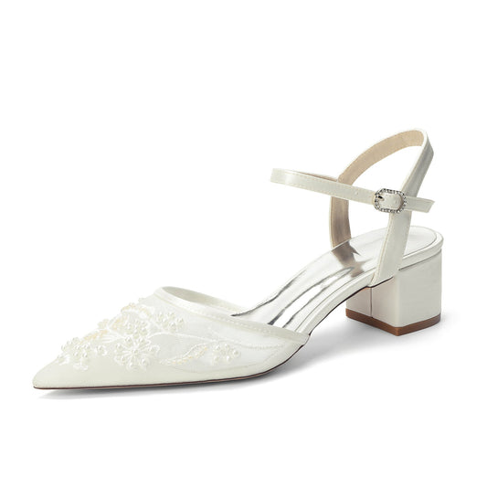 Women's Lace Silk Satin With Ankle Strap Closed Toe Chunky Heel Evening Shoes