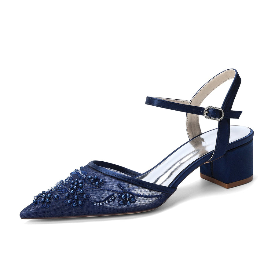 Women's Lace Silk Satin With Ankle Strap Closed Toe Chunky Heel Evening Shoes