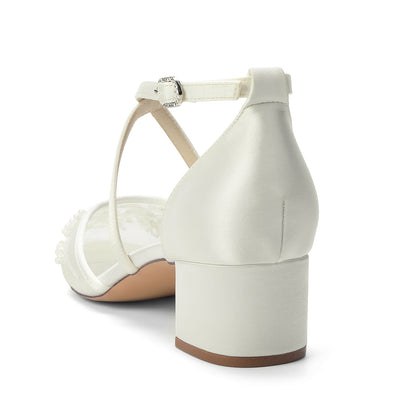 Women's Lace Silk Satin With Closed Toe Ankle Strap Chunky Heel Evening Shoes