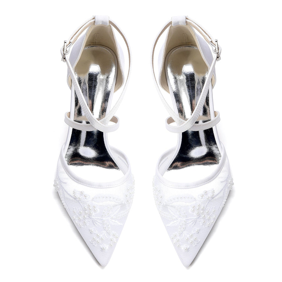 Women's Lace Silk Satin With Closed Toe Ankle Strap Chunky Heel Evening Shoes
