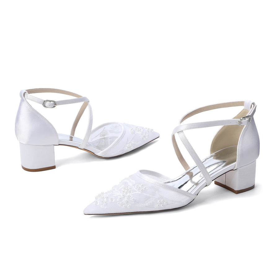 Women's Lace Silk Satin With Closed Toe Ankle Strap Chunky Heel Evening Shoes