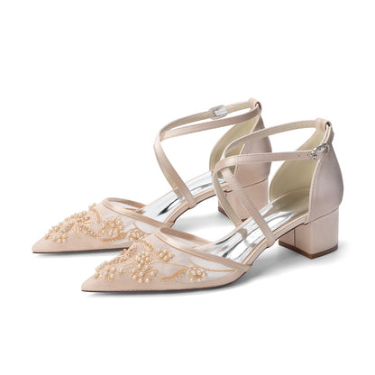 Women's Lace Silk Satin With Closed Toe Ankle Strap Chunky Heel Evening Shoes