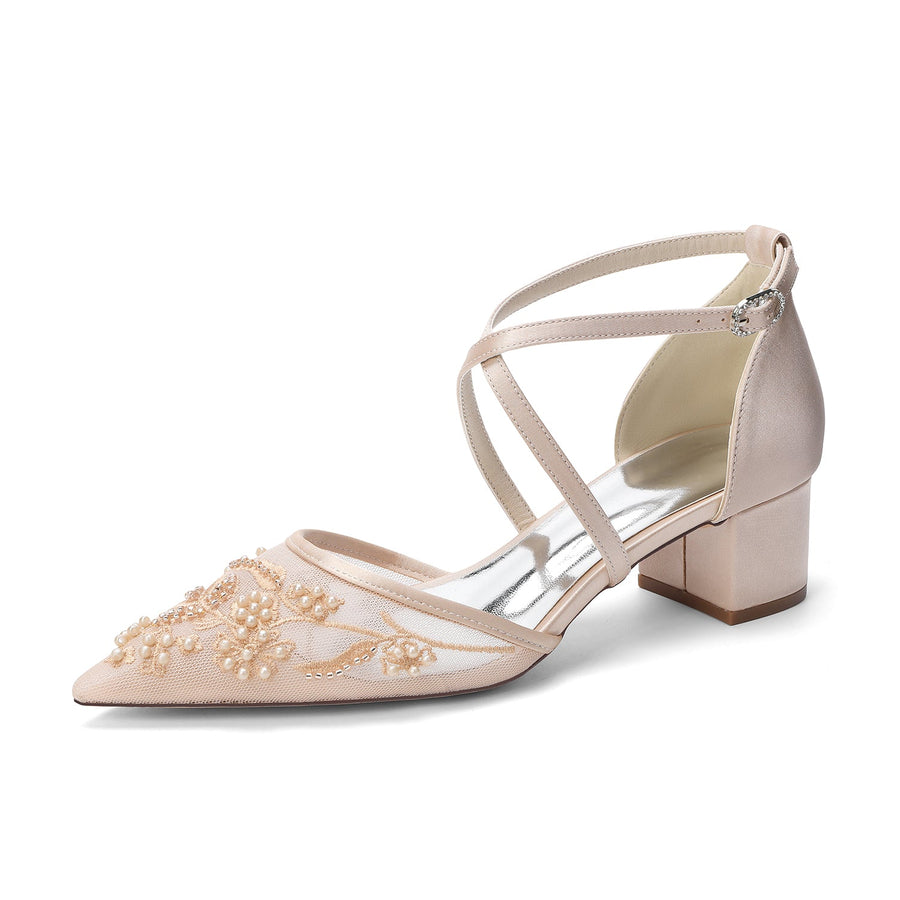 Women's Lace Silk Satin With Closed Toe Ankle Strap Chunky Heel Evening Shoes