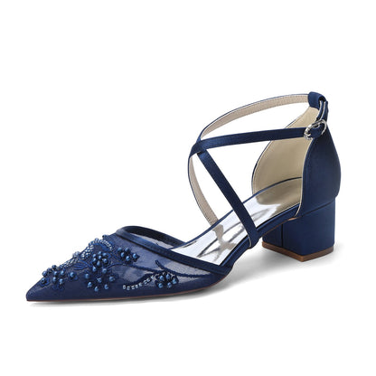 Women's Lace Silk Satin With Closed Toe Ankle Strap Chunky Heel Evening Shoes