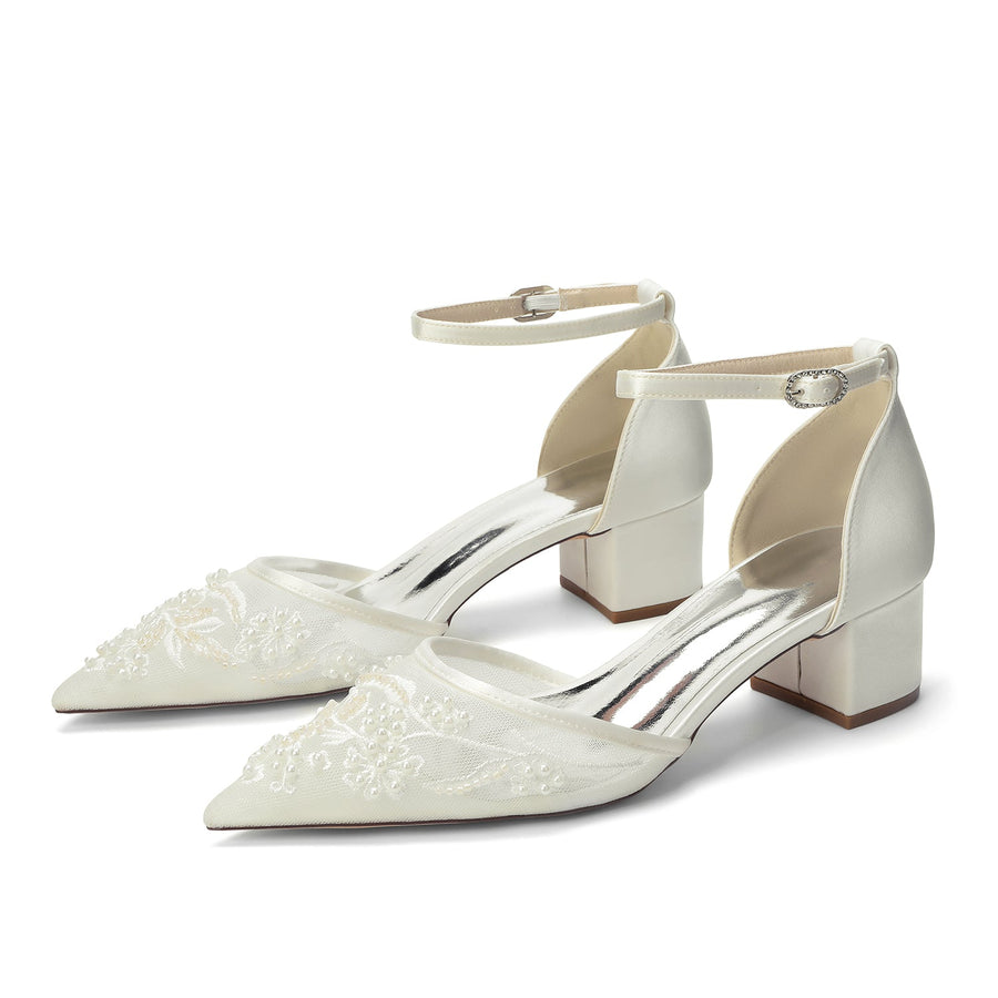 Women's Lace Silk Satin With Closed Toe Ankle Strap Chunky Heel Evening Shoes