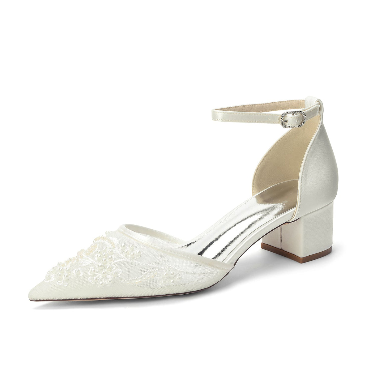 Women's Lace Silk Satin With Closed Toe Ankle Strap Chunky Heel Evening Shoes