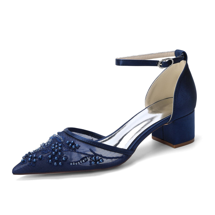 Women's Lace Silk Satin With Closed Toe Ankle Strap Chunky Heel Evening Shoes