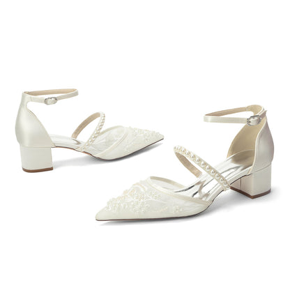 Women's Lace Silk Satin With Lace Closed Toe Ankle Strap Chunky Heel Evening Shoes