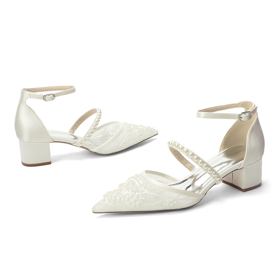Women's Lace Silk Satin With Lace Closed Toe Ankle Strap Chunky Heel Evening Shoes