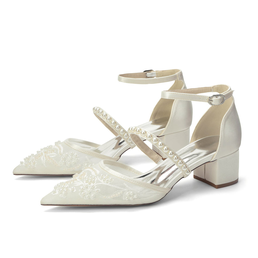 Women's Lace Silk Satin With Lace Closed Toe Ankle Strap Chunky Heel Evening Shoes