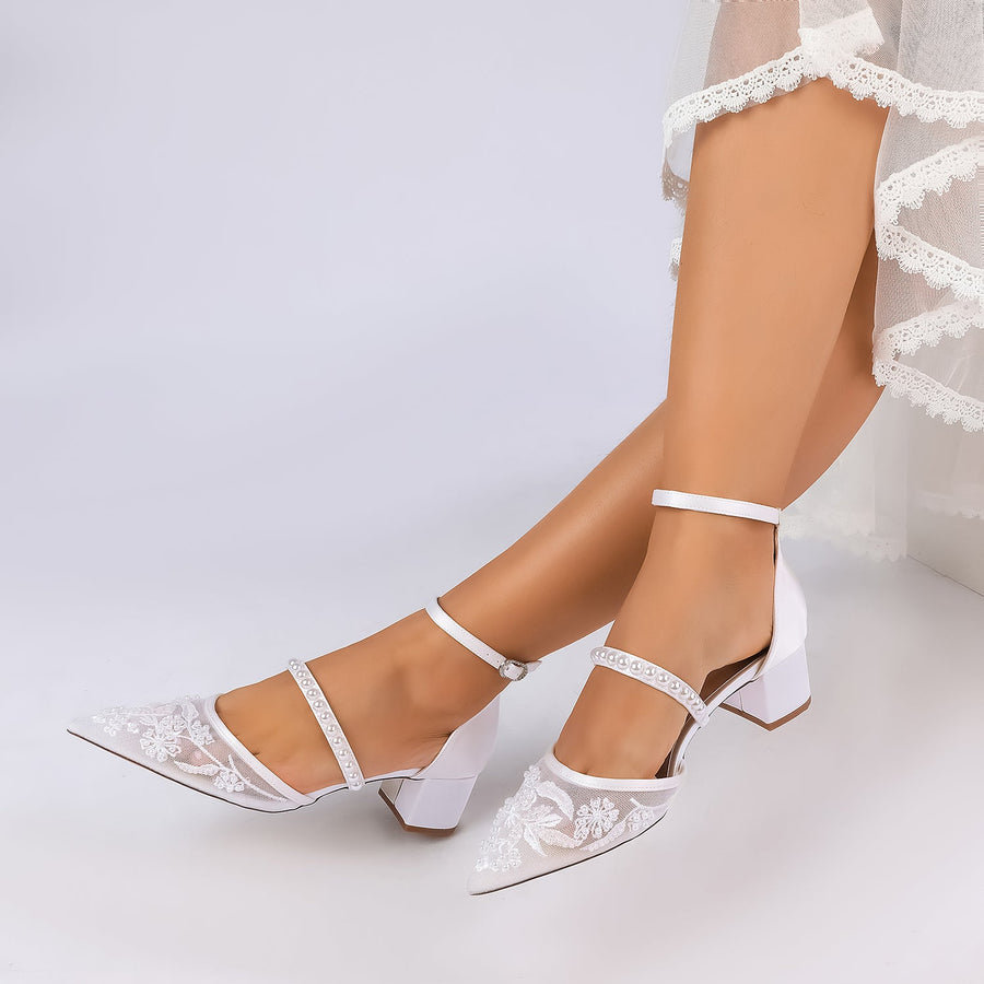 Women's Lace Silk Satin With Lace Closed Toe Ankle Strap Chunky Heel Evening Shoes
