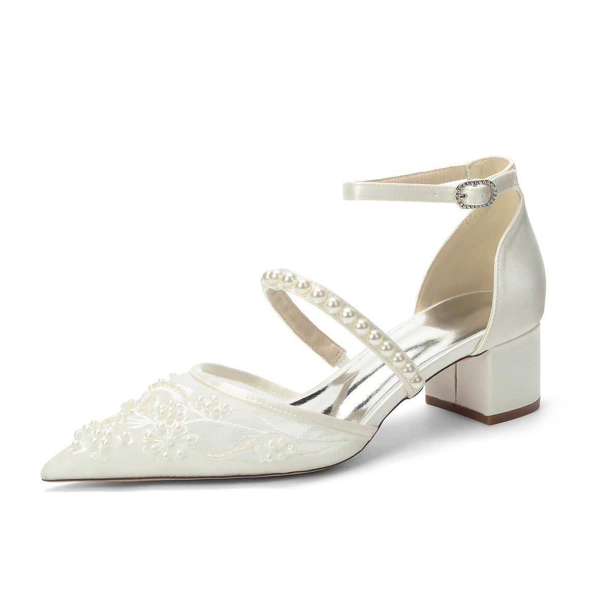 Women's Lace Silk Satin With Lace Closed Toe Ankle Strap Chunky Heel Evening Shoes