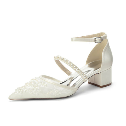 Women's Lace Silk Satin With Lace Closed Toe Ankle Strap Chunky Heel Evening Shoes