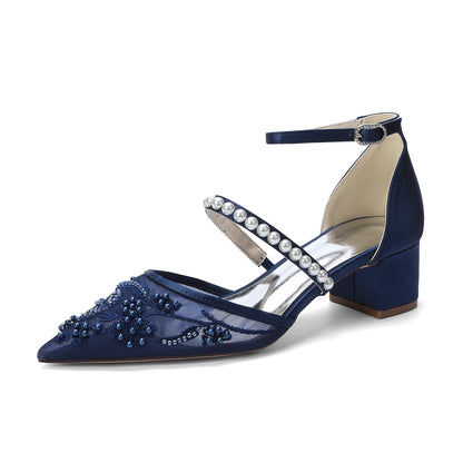 Women's Lace Silk Satin With Lace Closed Toe Ankle Strap Chunky Heel Evening Shoes