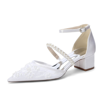 Women's Lace Silk Satin With Lace Closed Toe Ankle Strap Chunky Heel Evening Shoes