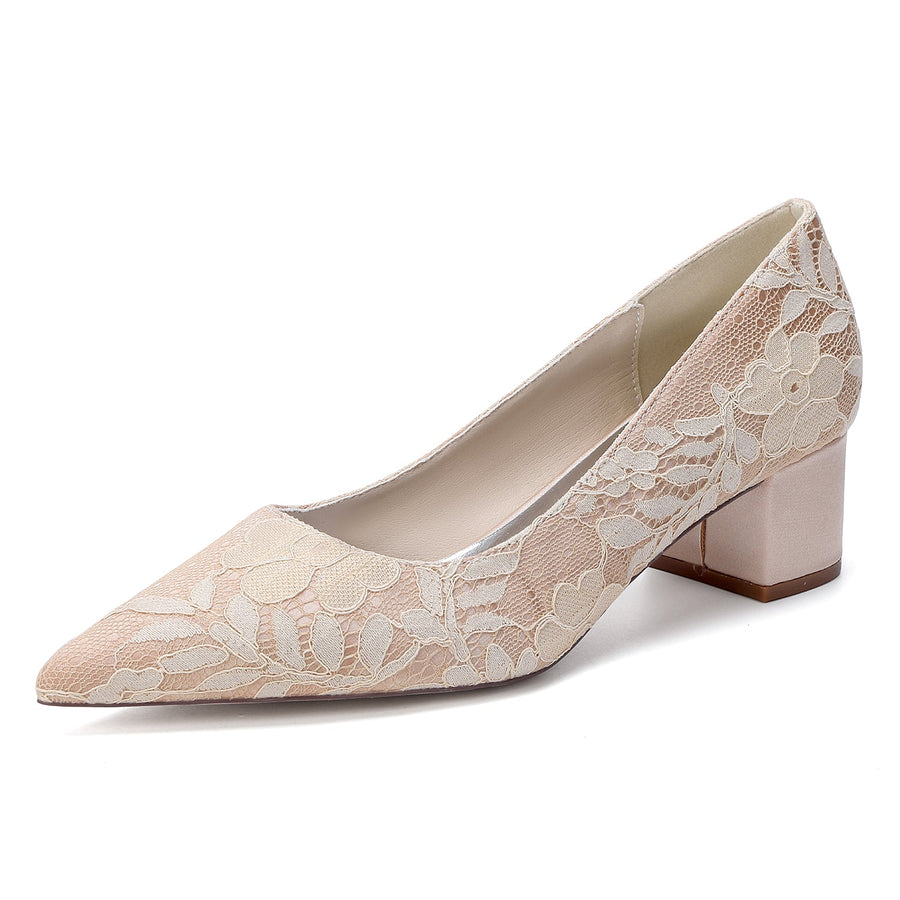 Women's Lace With Closed Toe Ankle Strap Chunky Heel Evening Shoes With Applique