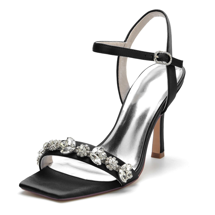 Women's Silk Satin With Rhinestone Peep Toe Ankle Strap Stiletto Heel Evening Shoes