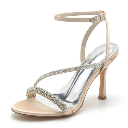 Women's Silk Satin Ankle Strap With Rhinestone Peep Toe Stiletto Heel Evening Shoes
