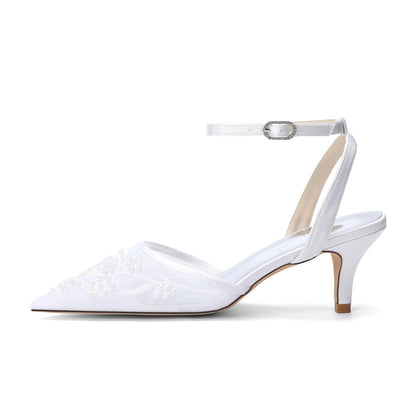 Women's Lace Silk Satin With Closed Toe Ankle Strap Stiletto Heel Evening Shoes