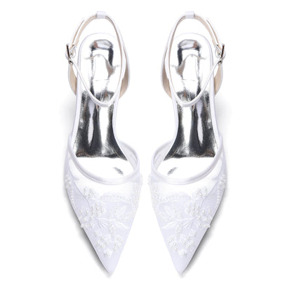 Women's Lace Silk Satin With Closed Toe Ankle Strap Stiletto Heel Evening Shoes