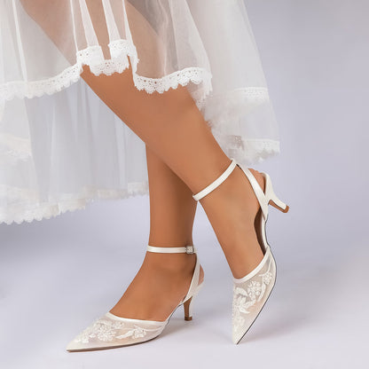 Women's Lace Silk Satin With Closed Toe Ankle Strap Stiletto Heel Evening Shoes