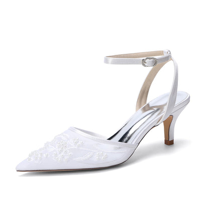 Women's Lace Silk Satin With Closed Toe Ankle Strap Stiletto Heel Evening Shoes