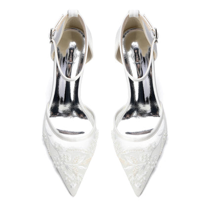 Women's Lace Silk Satin With Ankle Strap Closed Toe Stiletto Heel Evening Shoes