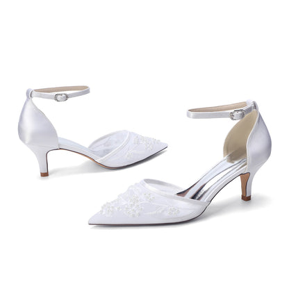 Women's Lace Silk Satin With Ankle Strap Closed Toe Stiletto Heel Evening Shoes