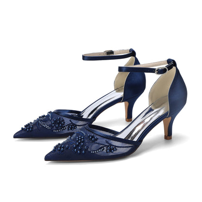 Women's Lace Silk Satin With Ankle Strap Closed Toe Stiletto Heel Evening Shoes