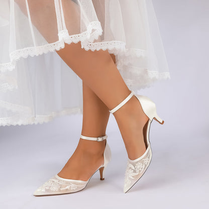 Women's Lace Silk Satin With Ankle Strap Closed Toe Stiletto Heel Evening Shoes