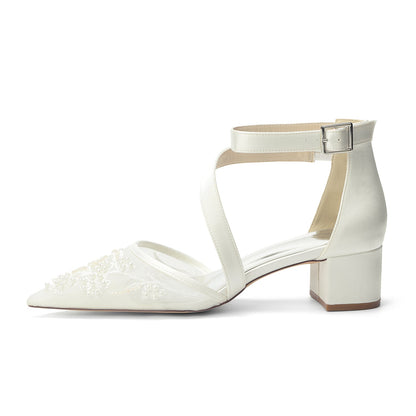 Women's Lace Silk Satin With Lace Closed Toe Ankle Strap Chunky Heel Evening Shoes