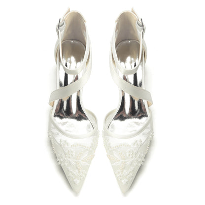 Women's Lace Silk Satin With Lace Closed Toe Ankle Strap Chunky Heel Evening Shoes