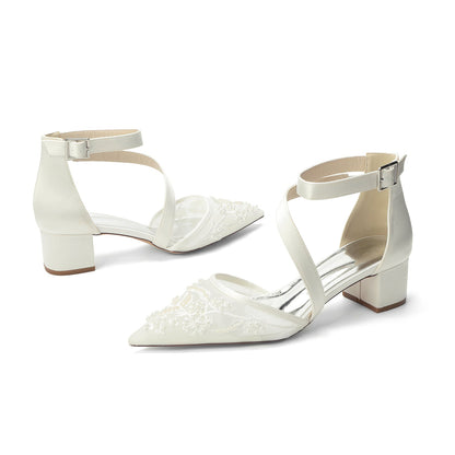 Women's Lace Silk Satin With Lace Closed Toe Ankle Strap Chunky Heel Evening Shoes