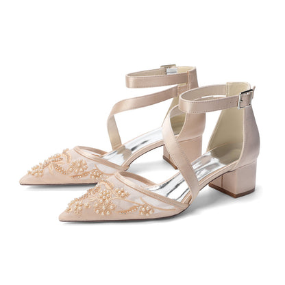 Women's Lace Silk Satin With Lace Closed Toe Ankle Strap Chunky Heel Evening Shoes