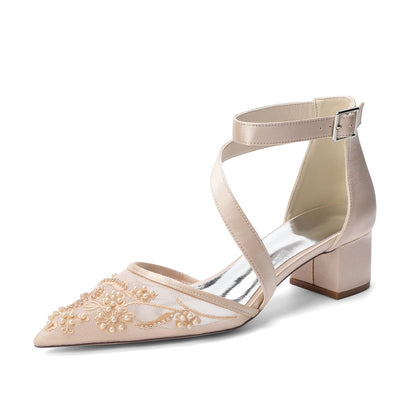 Women's Lace Silk Satin With Lace Closed Toe Ankle Strap Chunky Heel Evening Shoes