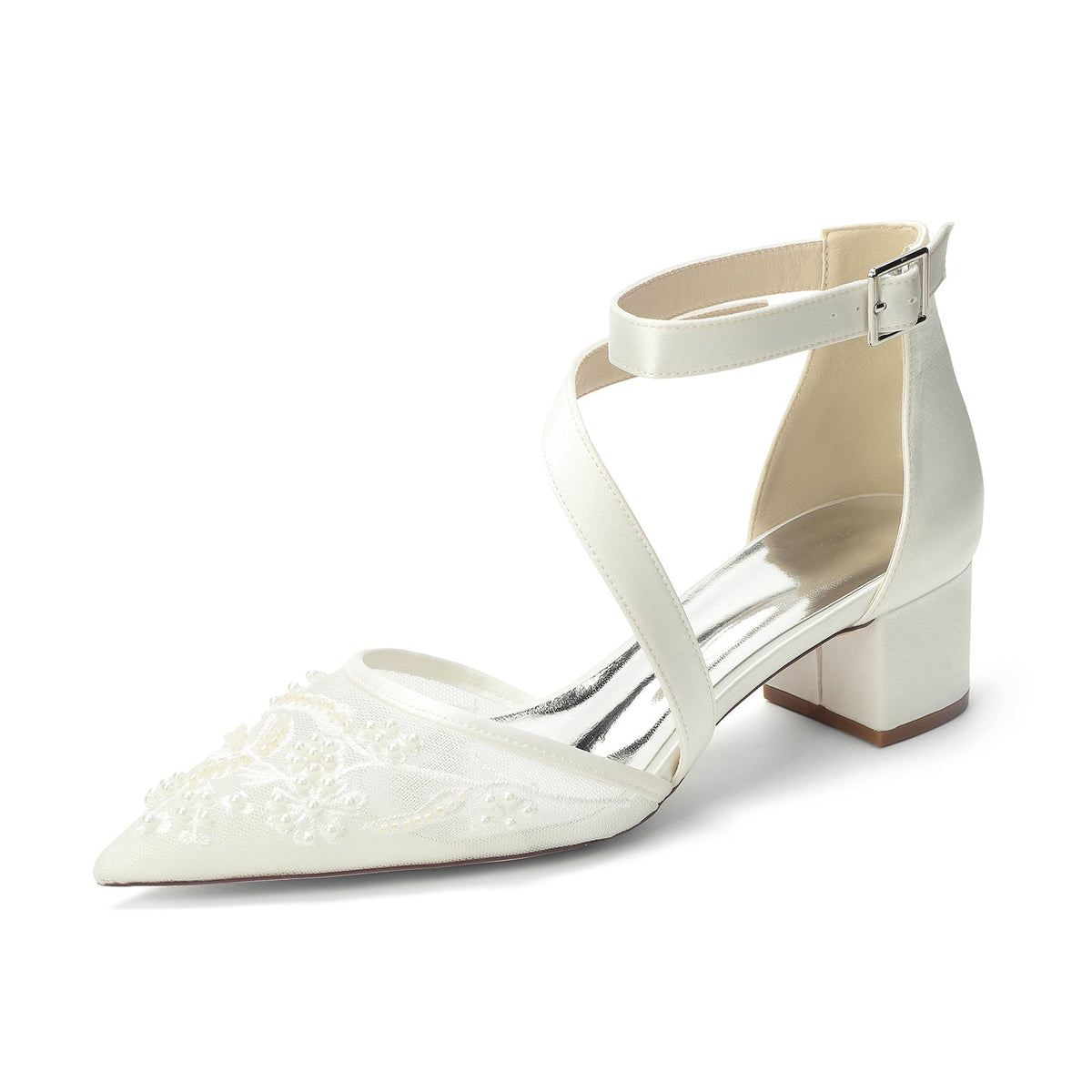 Women's Lace Silk Satin With Lace Closed Toe Ankle Strap Chunky Heel Evening Shoes