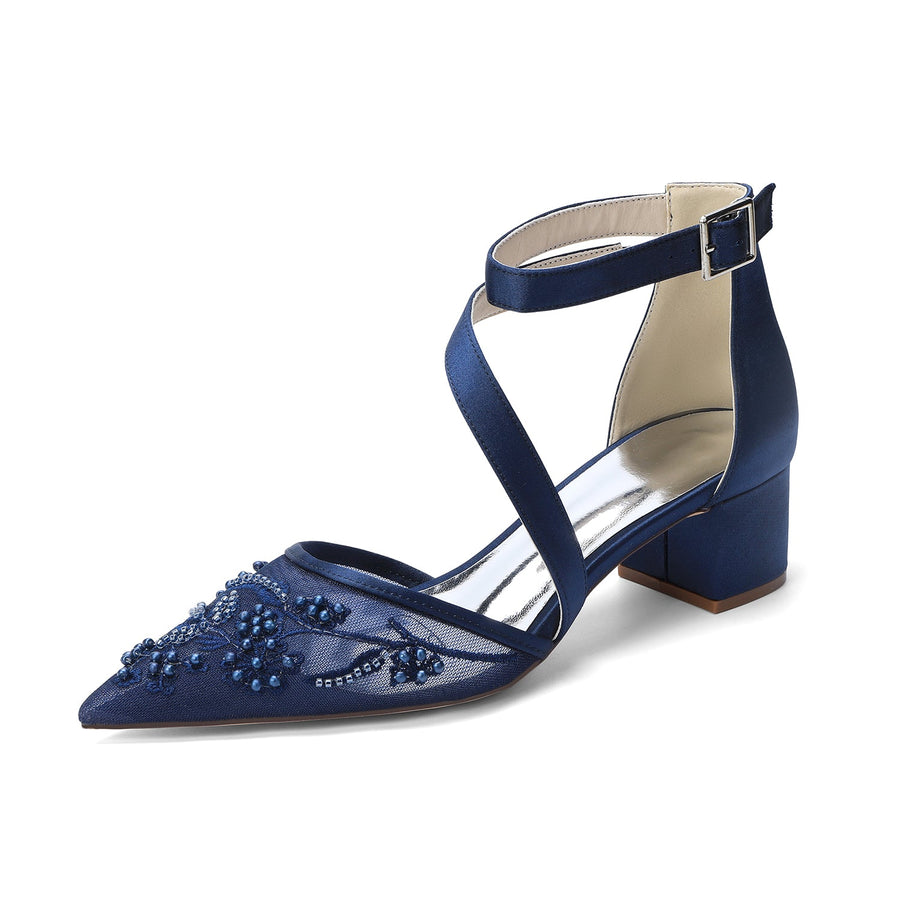 Women's Lace Silk Satin With Lace Closed Toe Ankle Strap Chunky Heel Evening Shoes