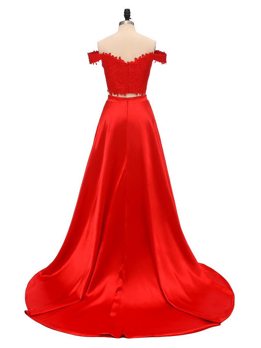 A-Line/Princess Off-the-Shoulder Satin Split Side With Applique Floor-Length Two Pieces Bridesmaid Dresses