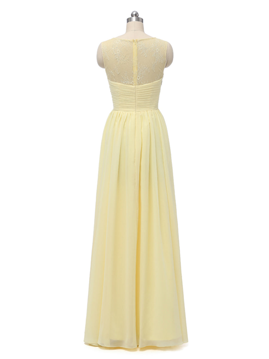 A-Line/Princess Scoop Chiffon Lace With Pleats Floor-Length Bridesmaid Dresses