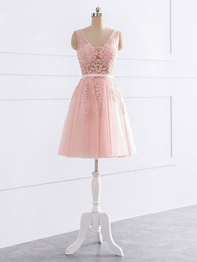 A-Line/Princess V-Neck Sleeveless Tulle With Applique Sequin Short/Mini Bridesmaid Dresses